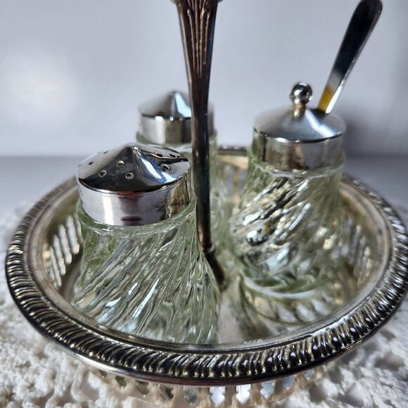 Glass Condiment Salt Pepper Sugar Set in Caddy Holder Glass Jars Sugar Scoop - Picture 3 of 14